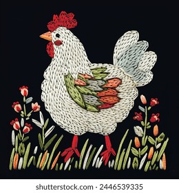 3d Embroidery cute white chicken on the green grass, flowers. Textured cartoon farm animal vector background. Embroidered chicken bird pattern illustration. Grunge surface texture. Tapestry chicken.