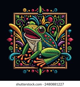 3d Embroidery lines colorful isolated vector frog pattern background illustration with square frame. Textured ornamental tapestry surface bright frog. Grunge embroidered texture. Decorative design.