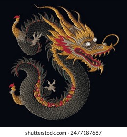 3d Embroidery textured bright ornamental chinese dragon modern pattern background illustration. Colorful patterned tapestry decorative chinese dragon. Grunge embroidered surface 3d vector texture.