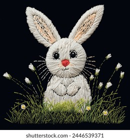 3d embroidery textured white cartoon cute little bunny on the green grass. Embroidered white rabbit on black background. Vector pattern iluustration with cute animal. Stitching lines grunge texture.