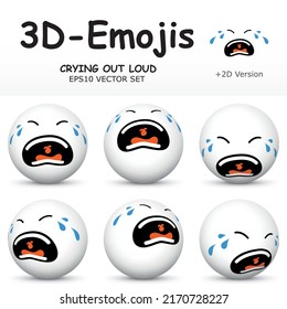 3D Emoji with CRYING OUT LOUD Facial Expressions  in 6 Different 3D Perspectives -  EPS10 Vector Collection