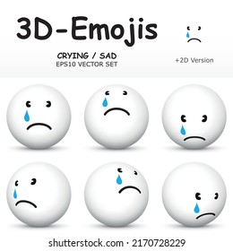 3D Emoji with CRYING - SAD Facial Expressions  in 6 Different 3D Perspectives -  EPS10 Vector Collection