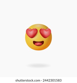 3d emoji with hearts. In love face with heart eyes and happy wide opened mouth. 3d render glossy plastic icon. Vector illustration.