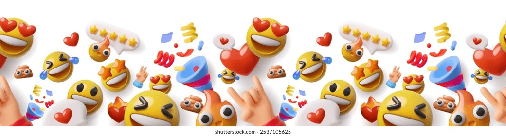 Emoji 3D. Banner horizontal com várias emoções, corações, estrelas, confete. Emoticons amarelos risos, amorosos e alegres. Comunicação online. Ícones de interface para mensagens. Ilustração vetorial.