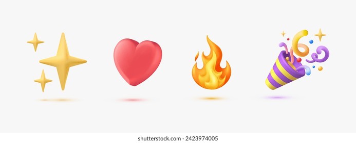 3d emoji party popper, love, sparkles and flame icon illustration design