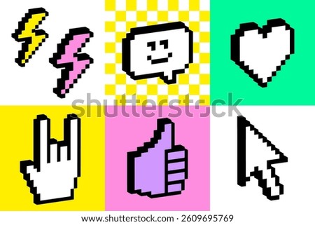 3D emoji pixel icon set. Bright checkered print. Gen z geometric pattern. Y2k inspired cool tech emoticon sticker. Smile, cursor, heart shape, rock hand. Game abstract retro style vector illustration