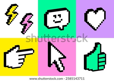 3D emoji pixel icons. Bright, bold and groovy geometric pattern. Y2k cool tech emoticon stickers. Smile, cursor, heart shape, arrow, hand. Game abstract retro style vector illustration. Neon pixel art