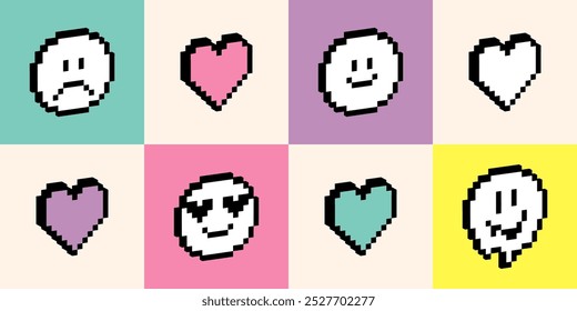 3D emoji pixel icons. Various funny faces. Y2k playful emoticon stickers. Melting smile, sad face, heart shape. Retro style vector illustration. Set of emoticons in pixel art. Bold and groovy pattern