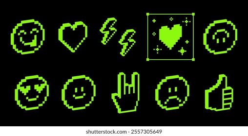 3D emoji pixelated icon set. Various futuristic elements. Y2k modern collage stickers in pixel art. Emoticon. Smile face, kiss, sad face, heart and hand. 8 bit retro style vector illustration on black