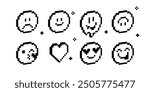 3D emoji pixelated icons. Various funny faces. Pixels Y2k funny playful emoticon stickers. Melting smile, sad face. 8-bit retro style vector illustration for collage. Set of emoticons in pixel art