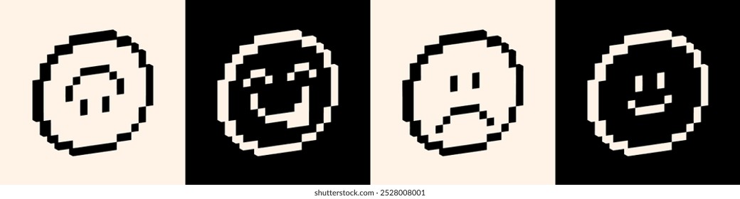 Iconos pixelados de emoji 3D. Varias caras divertidas. Píxeles Y2k divertido y juguetón patrón sin fisuras emoticono en blanco y negro. Sonríe, cara triste. Fondo de Vector de estilo retro. Conjunto de emoticonos en pixel art