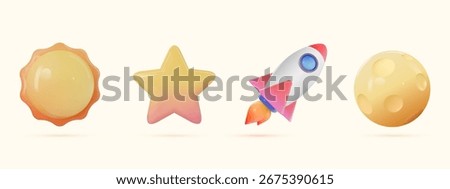 3d emoji rocket, sun, star and moon shape icon illustration design