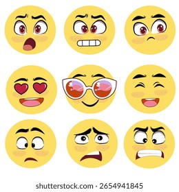 3D Emoji Set Mostrando Sorriso, Amor, Raiva, maravilha. Conjunto de Emoticons de Vetor. Emoji das mídias sociais. Coleção Emoji Face. Emoticons engraçados com expressões faciais.