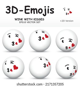 3D Emoji with WINK WITH KISSES Facial Expressions in 6 Different 3D Perspectives -  EPS10 Vector Collection