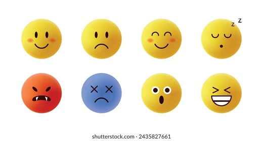 3d emojies. Happy and sad round yellow faces. Social media icons. Web applications. Good and bad mood symbol. Funny smile pack. Smiling emotion. Stickers collection. Vector isolated on white set