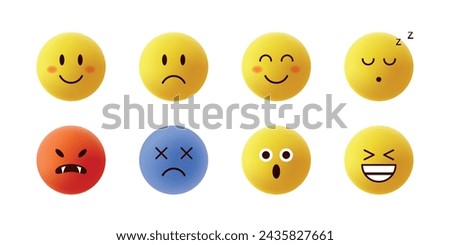 3d emojies. Happy and sad round yellow faces. Social media icons. Web applications. Good and bad mood symbol. Funny smile pack. Smiling emotion. Stickers collection. Vector isolated on white set