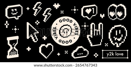 3d emoticon set in pixel art. Retro digital communication icons on dark background. Gaming style social media elements, heart, eyes, reactions, rock hand for arcade design. Cyberpunk aesthetic sticker