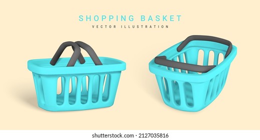 3d empty blue shopping basket. Shopping concept. Vector illustration.