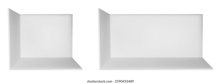 3d empty booth room mockup. White wall trade show cube box. Perspective product display space for expo kiosk. Conference stall inside exhibition area. Store showroom section for small backdrop.