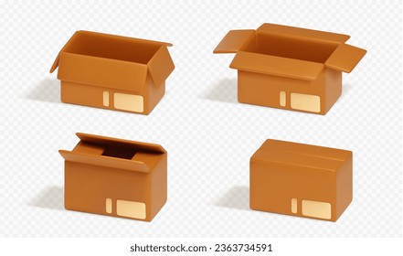 3d empty cardboard parcel for delivery vector icon. Realistic open brown carton package set. Closed shipping cargo to send. Isometric deliver product container with export label mockup illustration