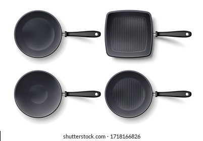 3d empty frying pan set top view, isolated on white. Realistic grill and wok black pan template. Vector illustration