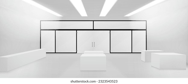 3d empty glass store interior vector mockup. Shop inside with window and double door for retail business. Entrance to exhibition showcase in supermarket layout with pedestal illuminated with lamp.