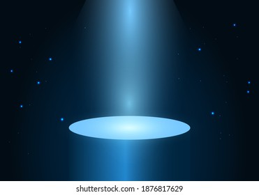 3d empty glowing cylinder stand with spotlight in the middle of stand, shiny particle and dark background. Product mock up design.