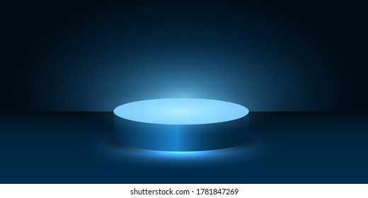 3d empty glowing dark blue cylinder stand.