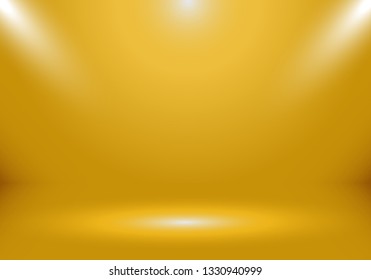 3D empty gold color studio room show booth for designers with spotlight on gold gradient color background. Display your product or artwork luxury style. Vector illustration