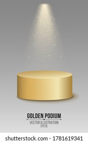 3D leeres goldenes Podium auf dunkelgrauem Hintergrund. Oberer Platz mit Scheinwerfer und leuchtenden Flugglittern. Vektorgrafik. EPS10
