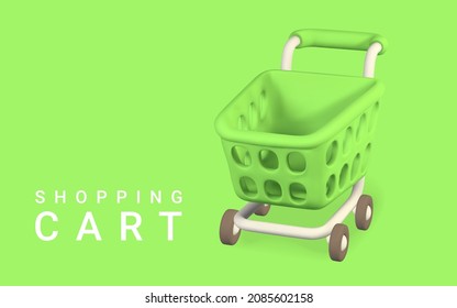 3d empty green shopping cart on a green background. Shopping concept. Vector illustration.