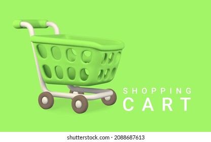 3d carrito de compras verde vacío sobre un fondo verde. Concepto de compras. Ilustración vectorial.