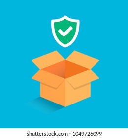 3d Empty  Isometric Cardboard Opened Box Isolated On Light Blue Background  With Check Mark Tick In The Shield Sign Icon. Symbol Of Protection, Guardingship And Good Delivery Flat Vector Illustration