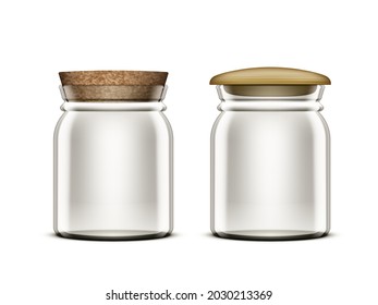 Jar De Vidrio De Jam Vacío Con Madera Y Tapa De Corcho. Vector EPS10