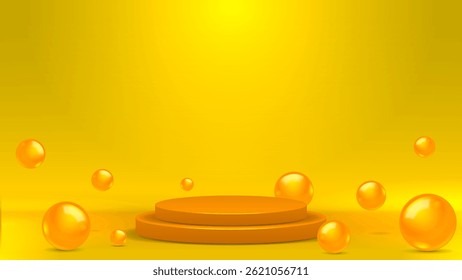 3D leere Mockup in Gelb und Orange Tönen mit einem Podium und Blasen.