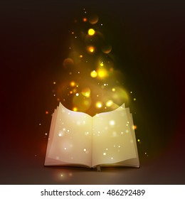 3d empty open book with bookmark and  magic lights on dark background vector illustration