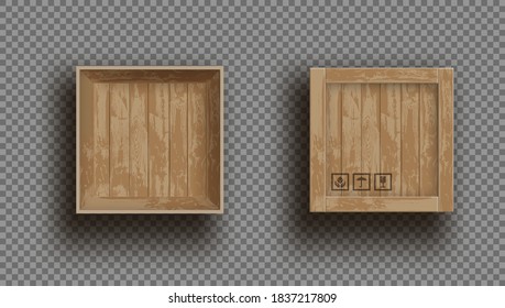 3D Empty Open And Close Wooden Shipping Box On Transparent Background. EPS10 Vector