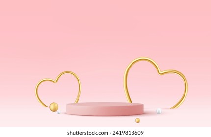 3d Empty pink product podium scene with gold heart. Design concept for Happy Valentines Day. 3d rendering. Vector illustration