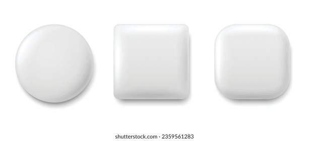 3D empty plastic buttons on white background. White square, round shapes with shadow, top view.