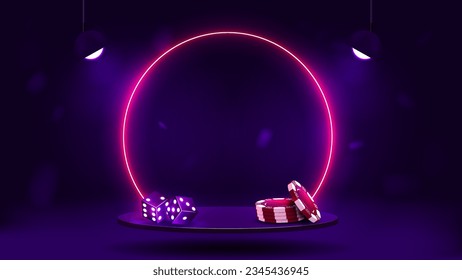 3d empty podium with dice and poker chips. Platform with neon bright glowing frame in blue and purple. Casino background.