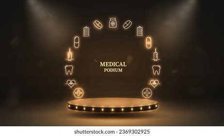 3d empty podium with neon frame of syringe, cross, heart, teeth, pills and capsules for medicine. A concept for healthcare in black and gold.