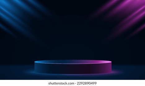 3d empty podium with purple and blue backlight for display your product. Dark glowing scene for presentation. Vector illustration. EPS 10