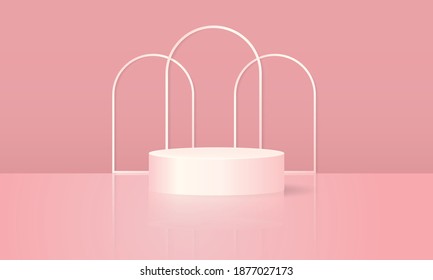 3D empty podium stage for product showcase display on pink vector background. Realistic platform design Valentine concept.