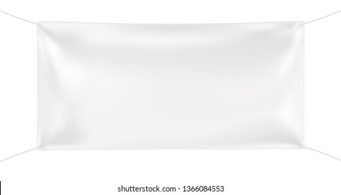 3d Empty rectangular Horizontal Banner with 4 holes and ropes. Vector realistic template on white background for Your Design and Advertising. Awning, Textiles, PVC, Vinyl, Nylon, Banner, billboard ect