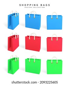 3d empty red, green and blue shopping bags. Shopping concept. Vector illustration.