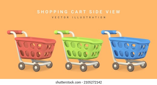 3d empty red, green and blue shopping carts. Shopping concept. Vector illustration.