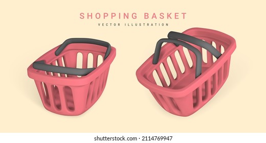 3D leerer, roter Warenkorb. Einkaufskonzept. Vektorgrafik.