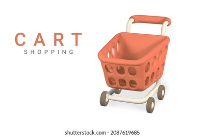 3d empty red shopping cart on a white background. Shopping concept. Vector illustration.