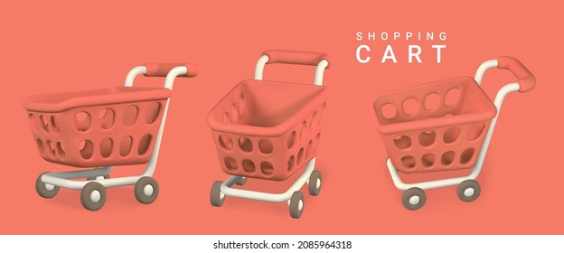 3d empty red shopping carts on a red background. Shopping concept. Vector illustration.