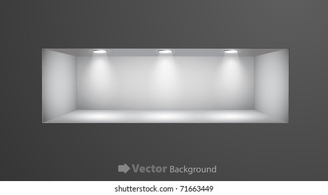 3d Empty shelf for exhibit in the wall. Vector illustration.